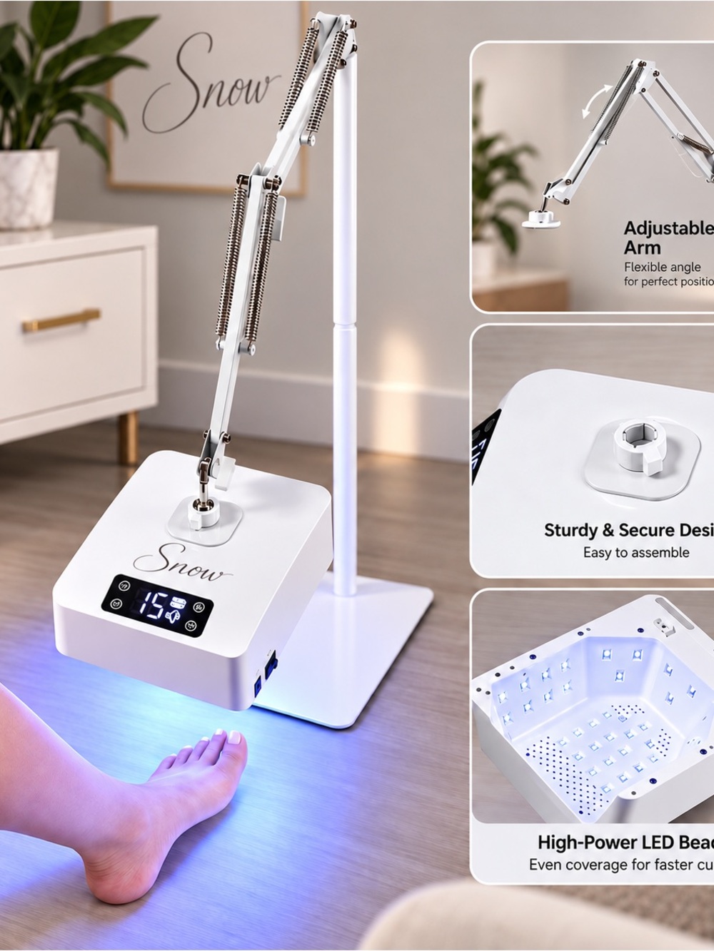 White LED Nail Lamp with Adjustable Arm - Professional Curing Station